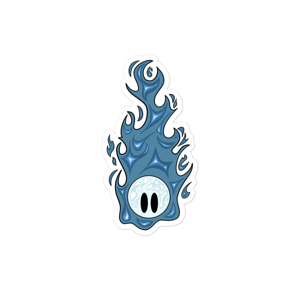 Sticker Inari and the Wisps représentant un petit feu follet bleu sur fond blanc. 10,2 x 10,2 cm